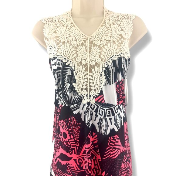 Abstract Print Pink Black Crocheted Neckline Maxi Dress‎ Size 3X 22 24 Plus Size - Picture 2 of 7